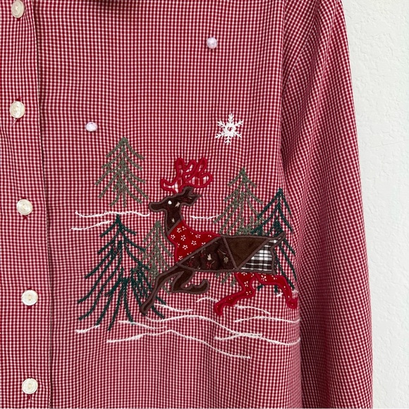 Karen Scott Red Gingham Check Christmas Holiday Snowman Button Up Top L - Picture 5 of 8